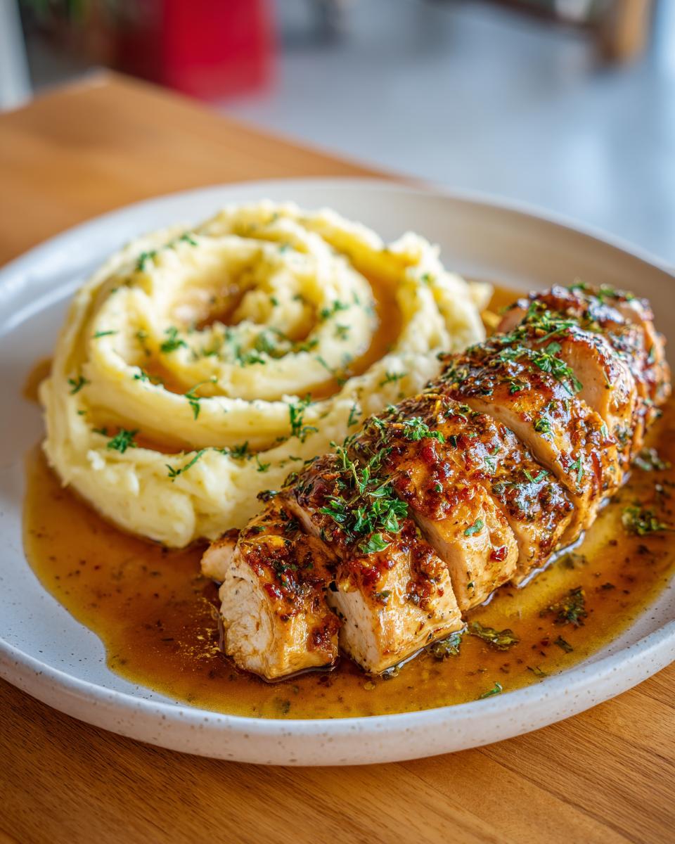 Close-up of sliced Irresistible Garlic Herb Chicken with Creamy Mashed Potatoes, drizzled with sauce and garnished with herbs.