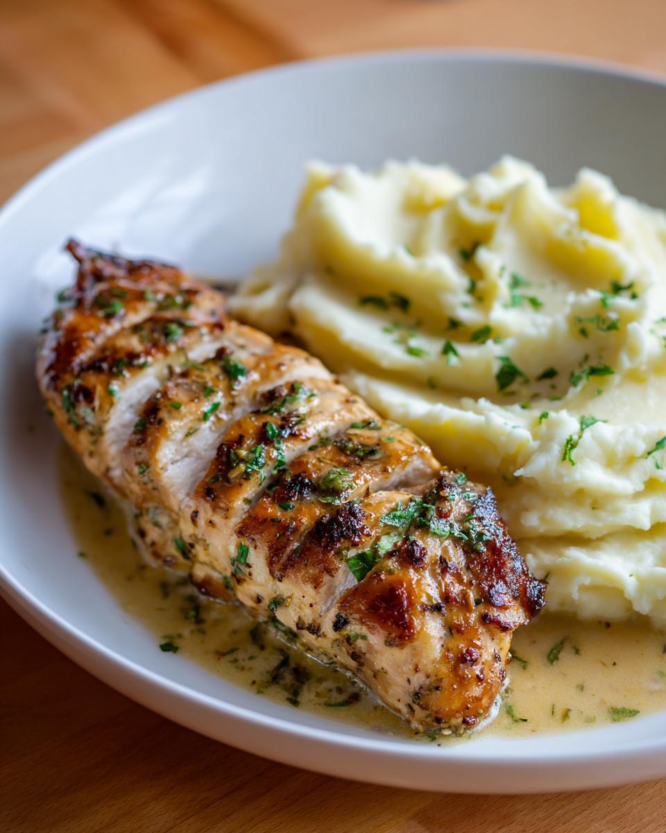 A close-up of Irresistible Garlic Herb Chicken served with fluffy Creamy Mashed Potatoes, garnished with parsley.