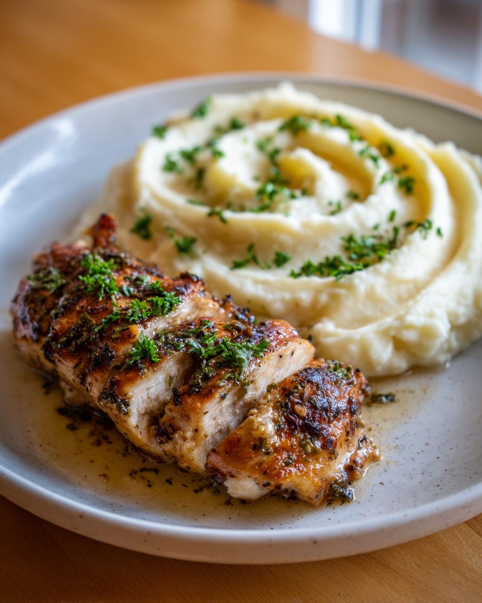 Close-up of Irresistible Garlic Herb Chicken sliced and served with creamy mashed potatoes, garnished with parsley.