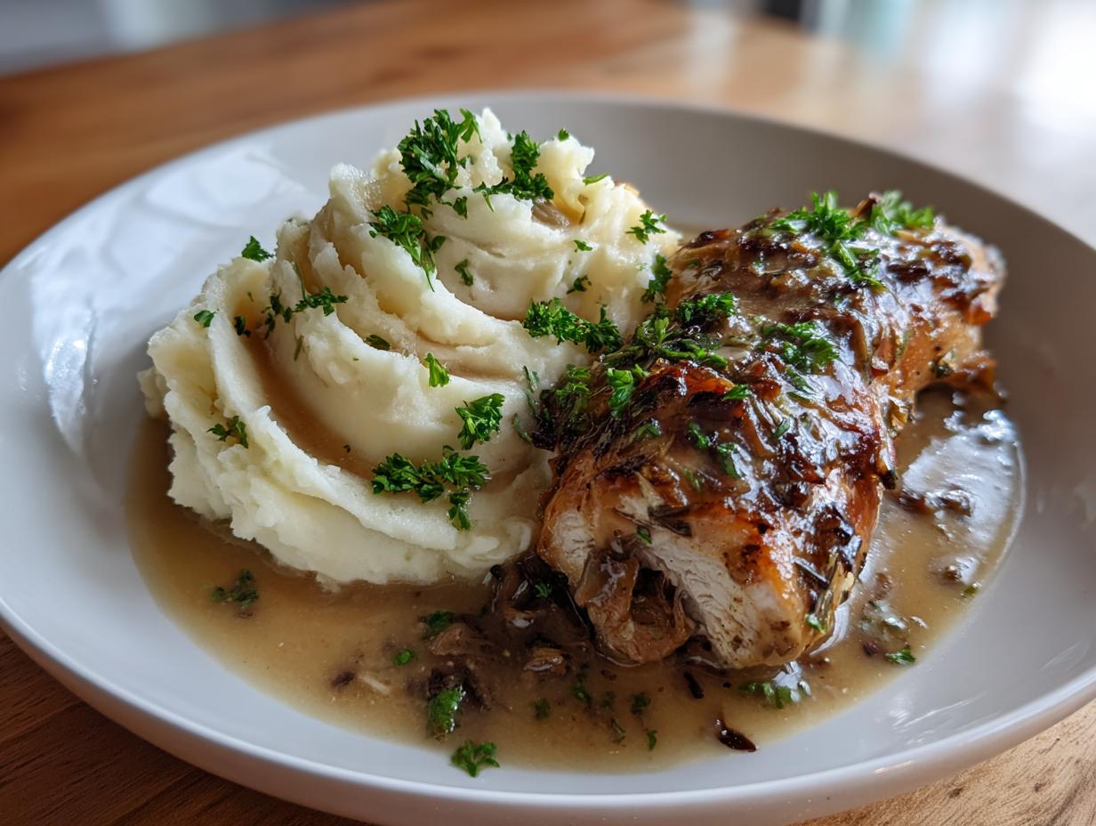 A close-up of Irresistible Garlic Herb Chicken served with a swirl of creamy mashed potatoes, garnished with fresh parsley.