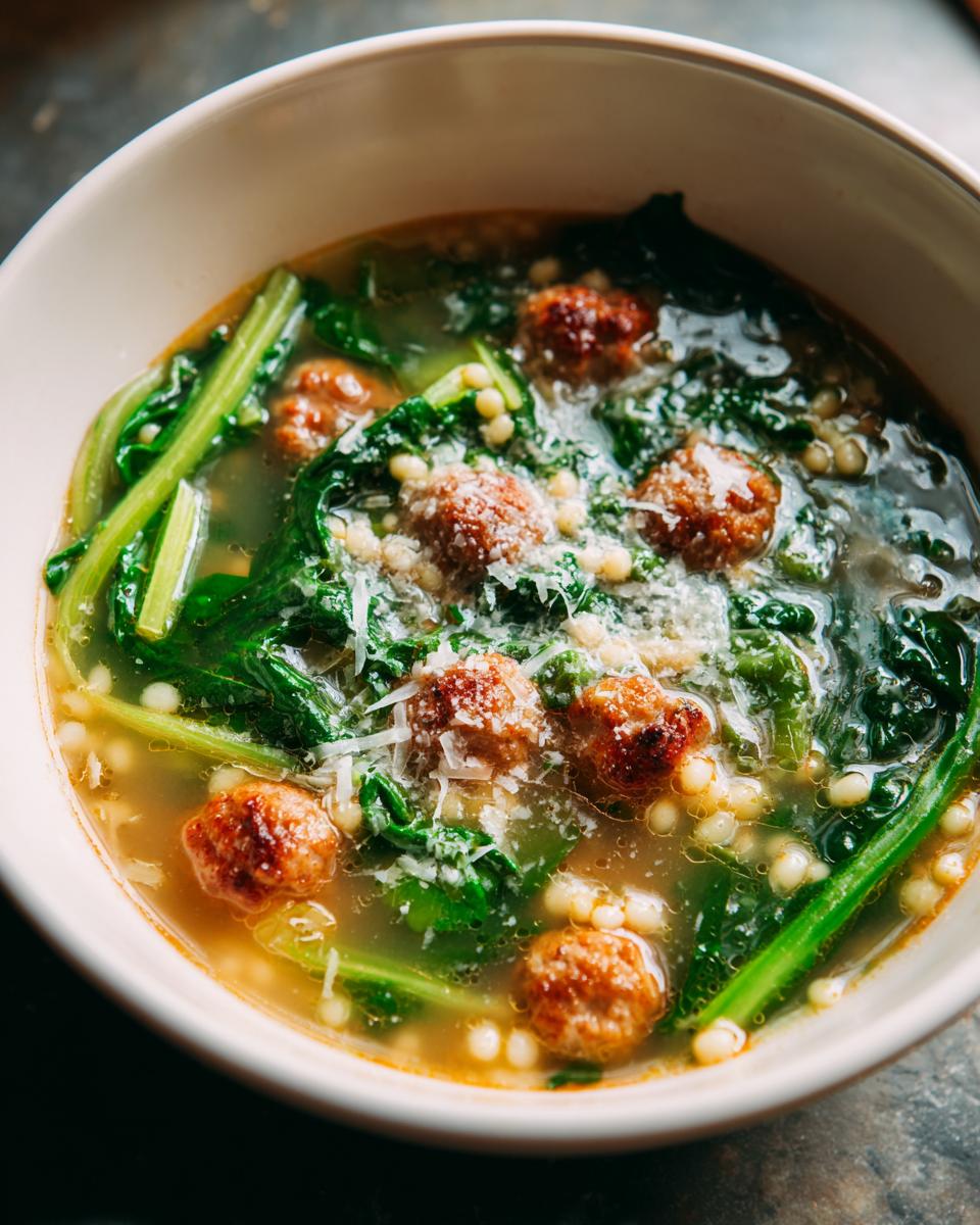 A close-up of a bowl of Italian Wedding Soup, featuring small meatballs, acini di pepe pasta, and leafy greens, topped with grated Parmesan cheese.