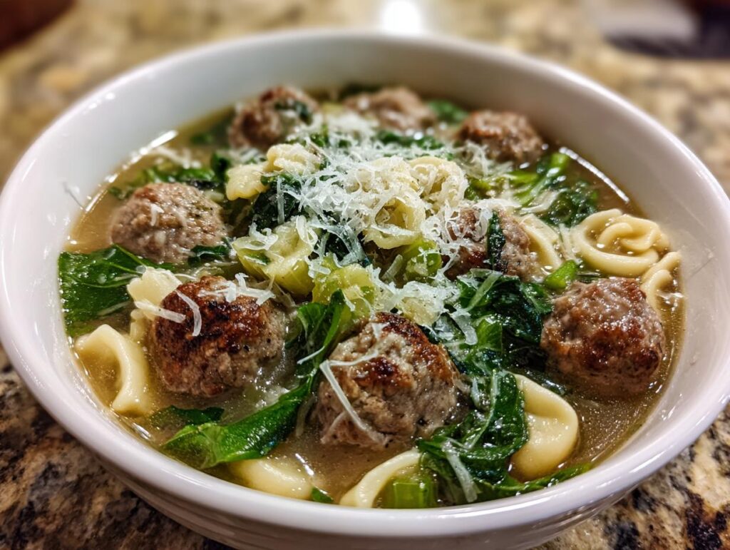 A close-up of a bowl of Italian Wedding Soup featuring meatballs, pasta, and leafy greens, topped with grated Parmesan cheese.