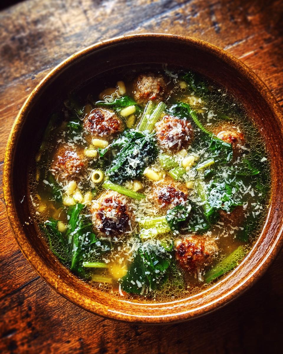 A close-up overhead view of Italian Wedding Soup with mini meatballs, spinach, pasta, and grated Parmesan cheese.
