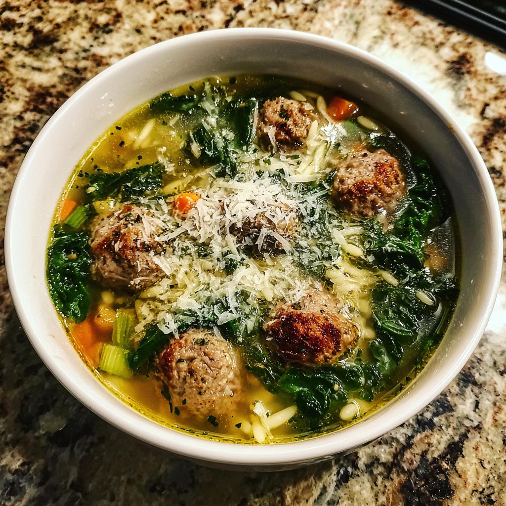 A close-up of a steaming bowl of Italian Wedding Soup with meatballs, orzo pasta, spinach, and grated Parmesan cheese.