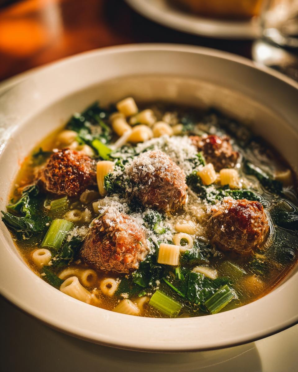 A close-up of a bowl of Italian Wedding Soup, featuring meatballs, ditalini pasta, and greens, topped with grated Parmesan cheese.