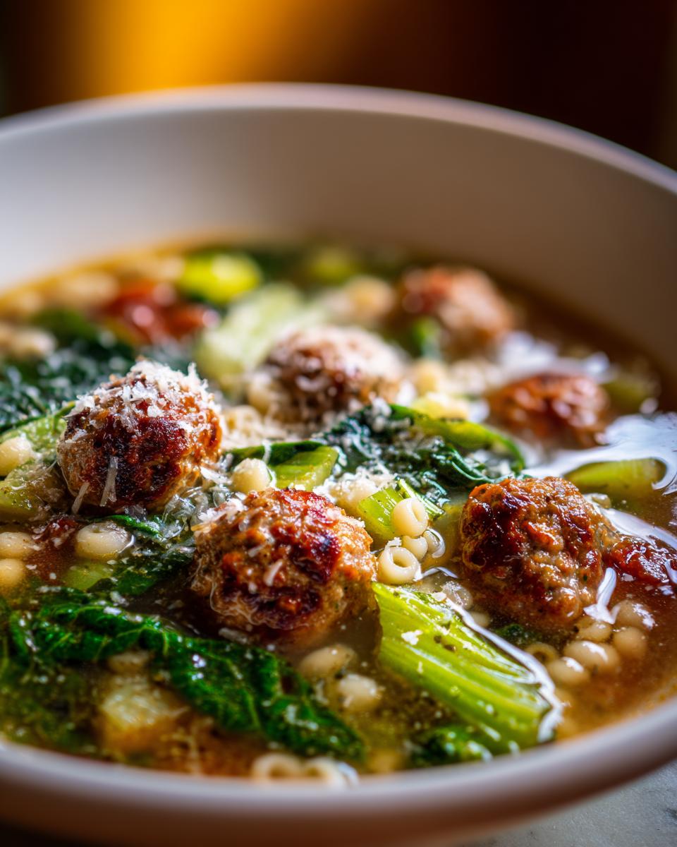 Close-up of a bowl of Italian Wedding Soup featuring meatballs, tiny pasta, and greens, perfect for chilly nights.