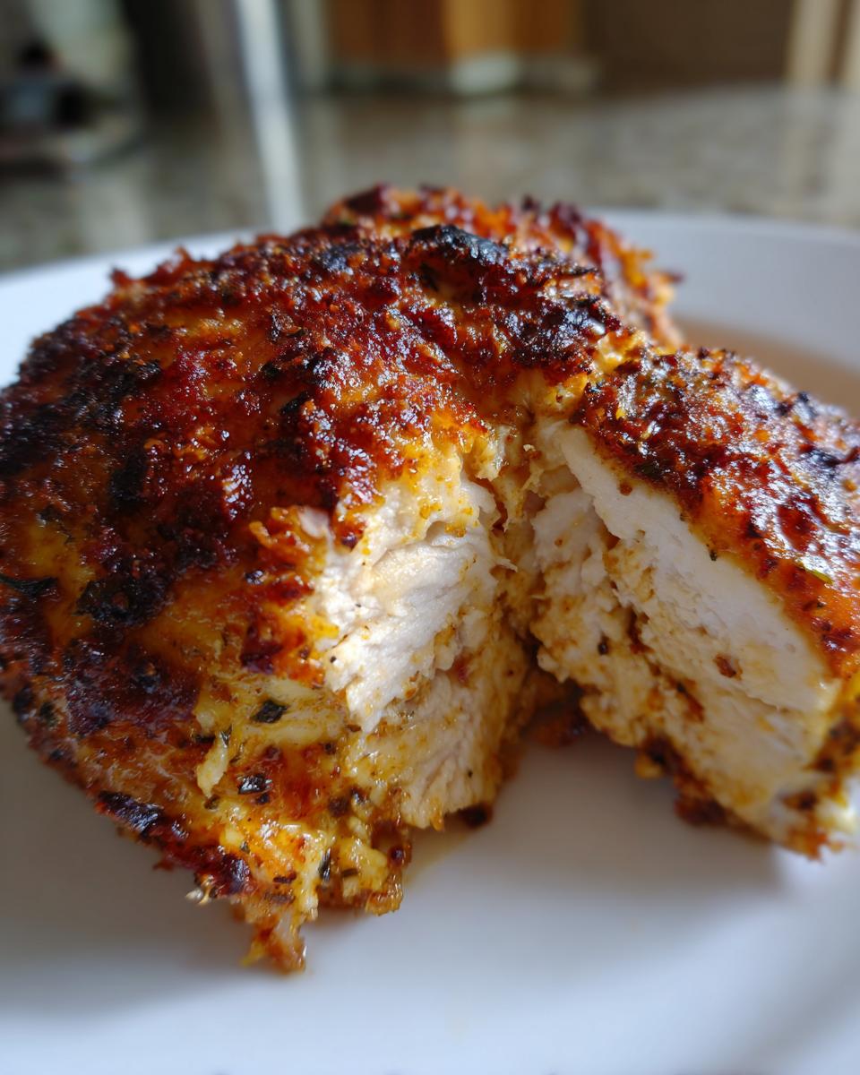 Close-up of a juicy baked chicken breast, cut in half to show tender white meat and a golden-brown, seasoned crust.