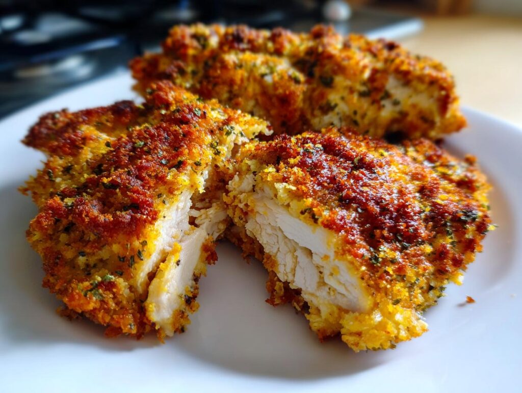 Close-up of baked parmesan chicken breast, showing a juicy interior and golden-brown crispy coating.