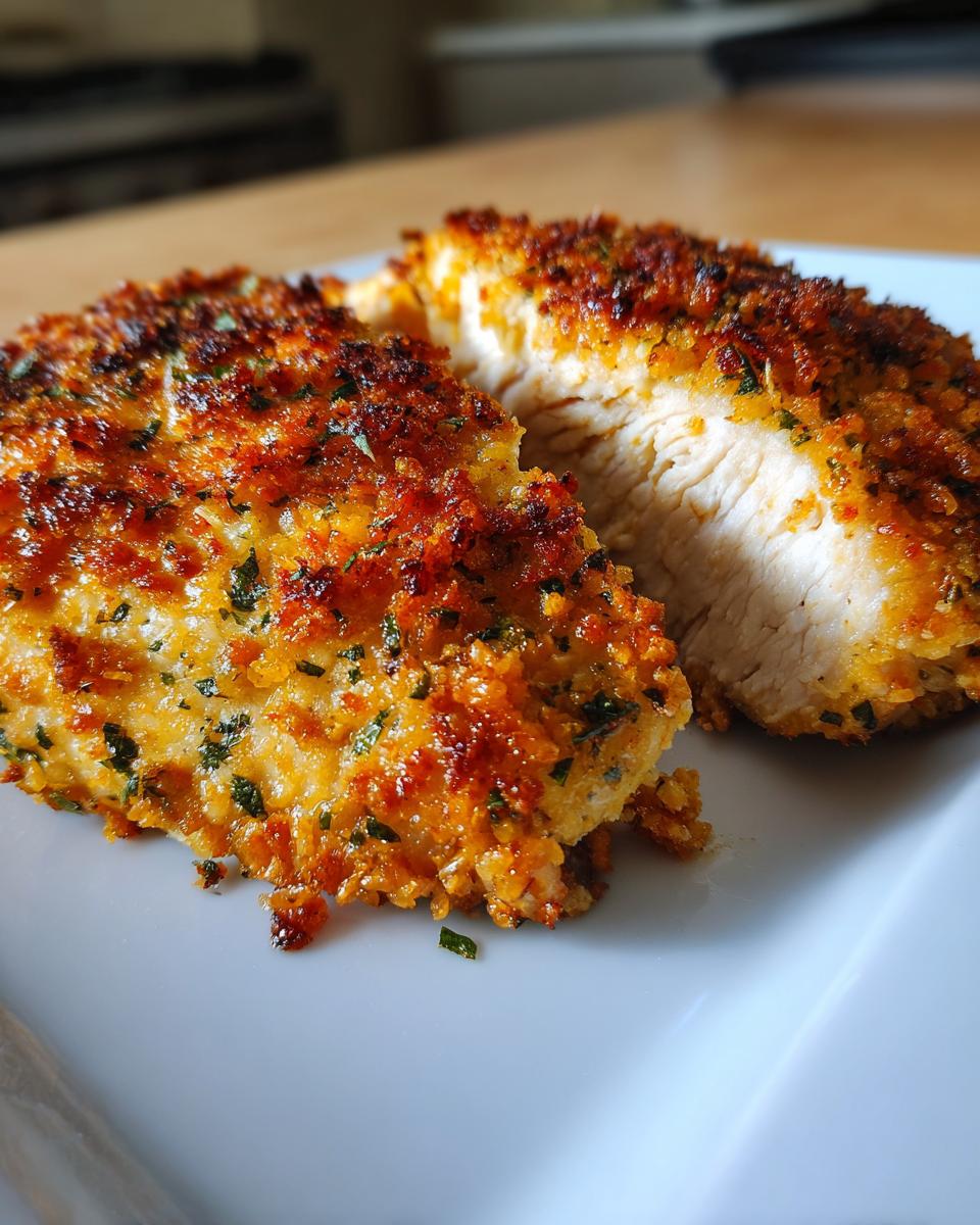 Close-up of a juicy baked Parmesan chicken breast, cut in half to show the tender interior and crispy breadcrumb coating.