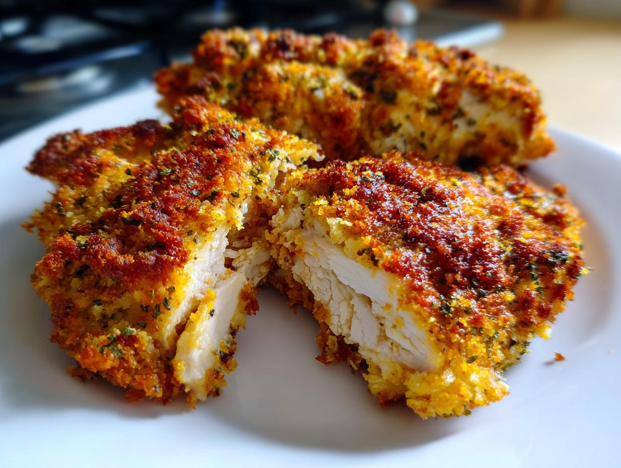 Close-up of baked parmesan chicken breast, showing a juicy interior and golden-brown crispy coating.