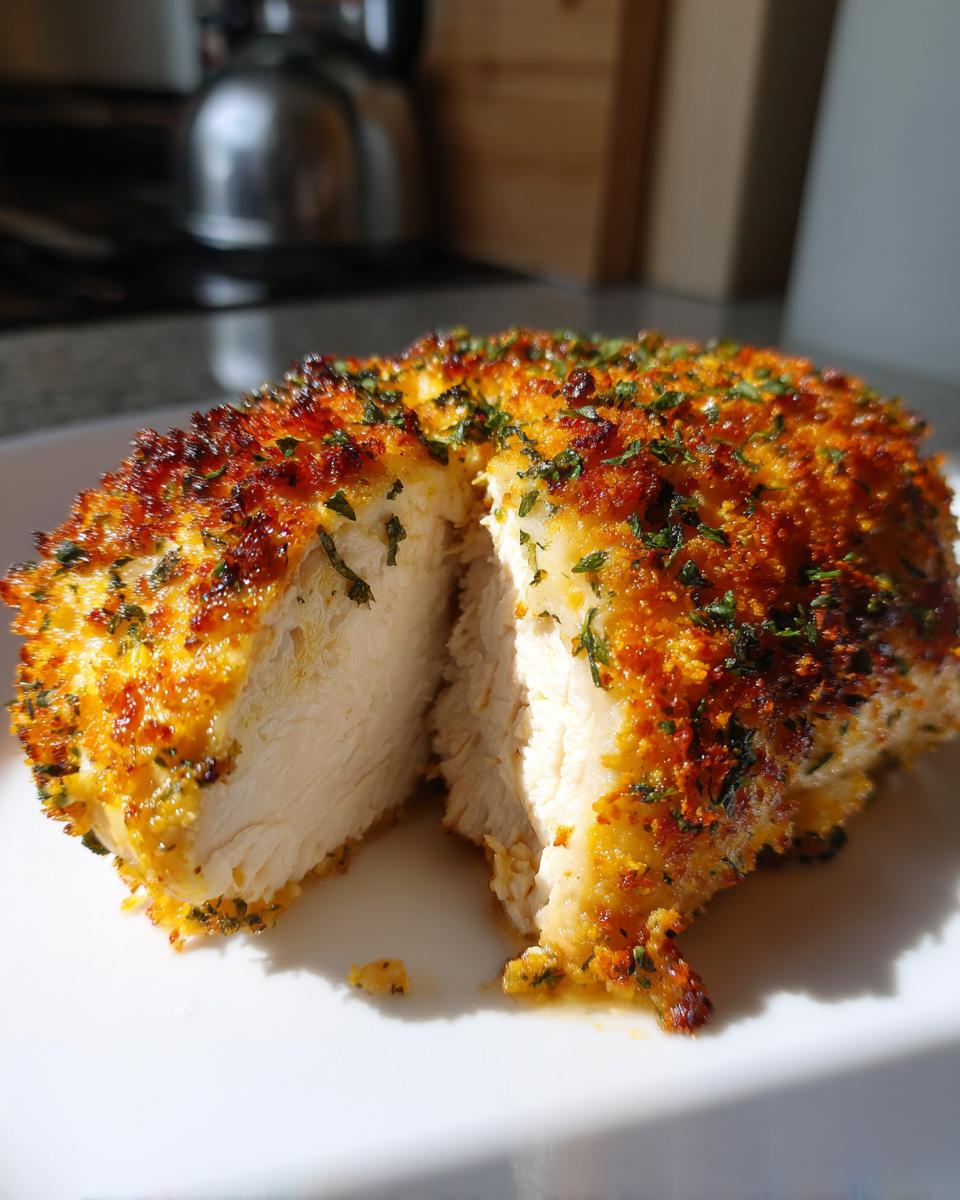 A close-up of a juicy baked Parmesan chicken breast, cut in half to show the tender interior.