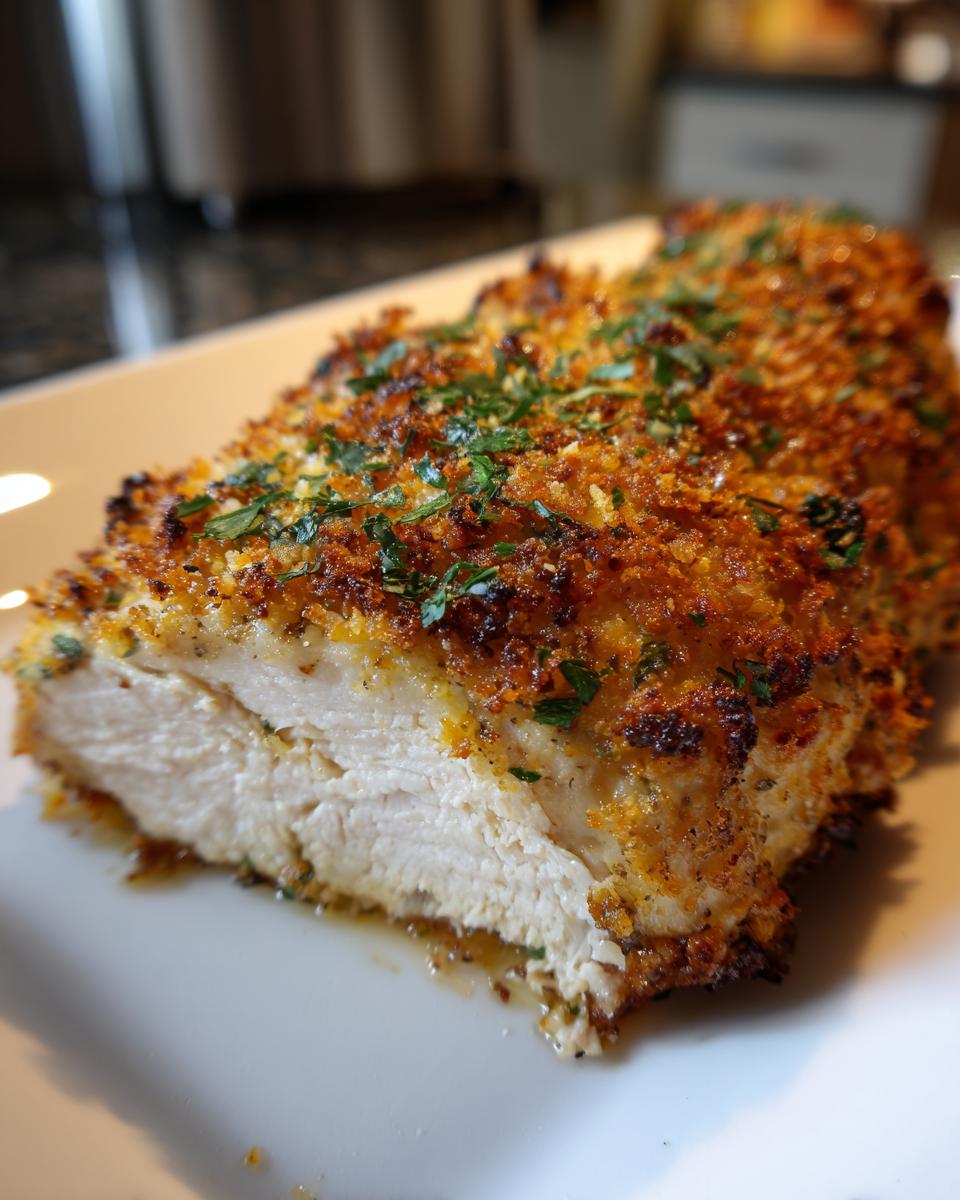 A close-up of a baked chicken breast, cut to show its juicy interior and golden-brown parmesan crust.