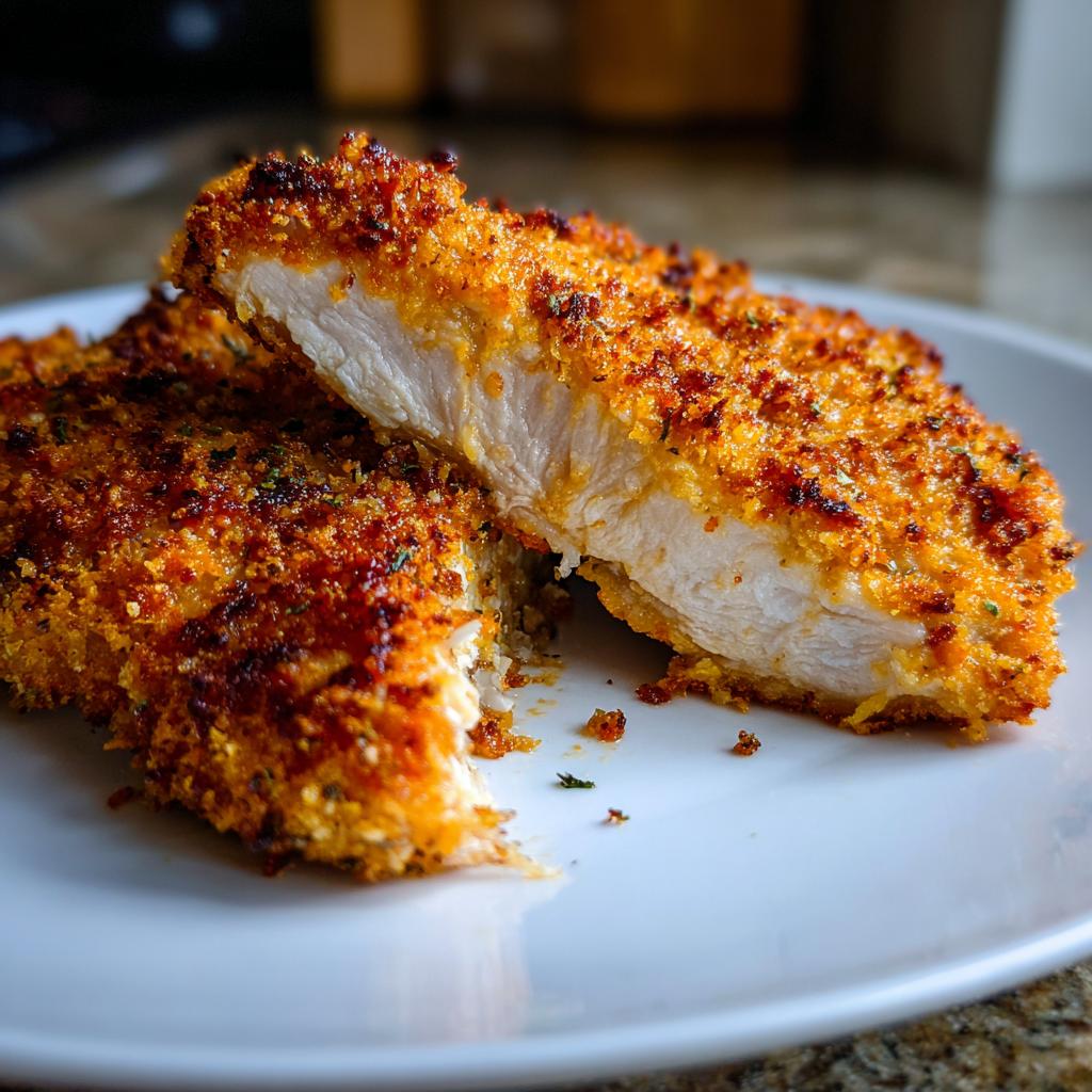 A close-up of two baked chicken breast halves, showing a golden-brown, crispy parmesan coating and moist, white interior.