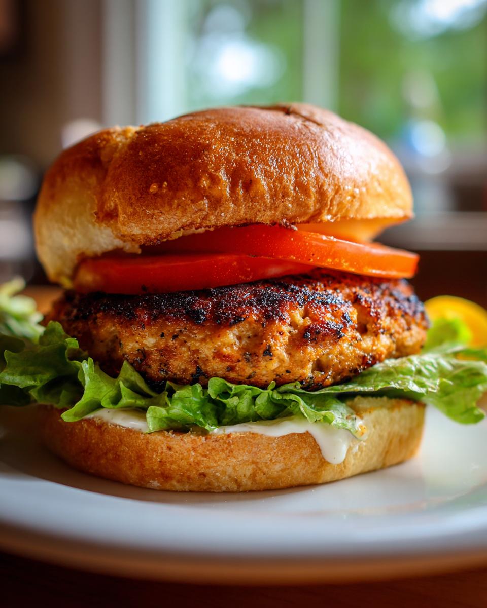 A close-up of a perfectly grilled, juicy turkey burger on a toasted bun with lettuce, tomato, and sauce.