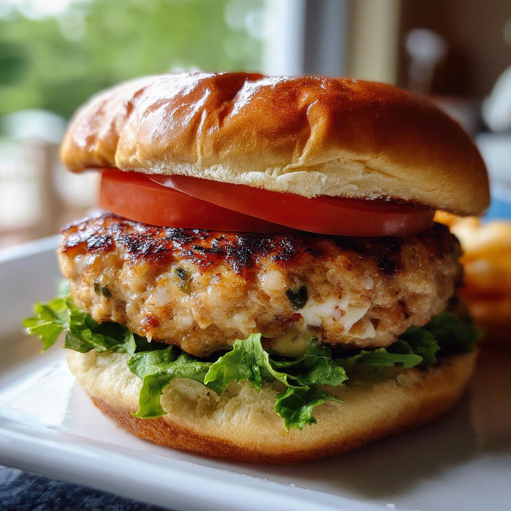 A close-up of a juicy turkey burger, grilled to perfection, served on a bun with lettuce and tomato.