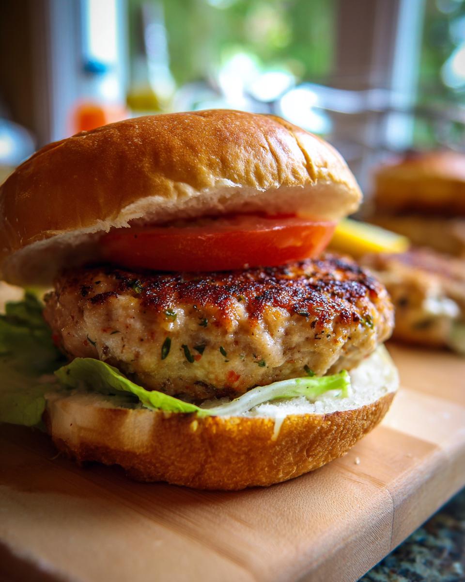 Close-up of a juicy turkey burger on a bun with lettuce and tomato, part of grilling recipes.