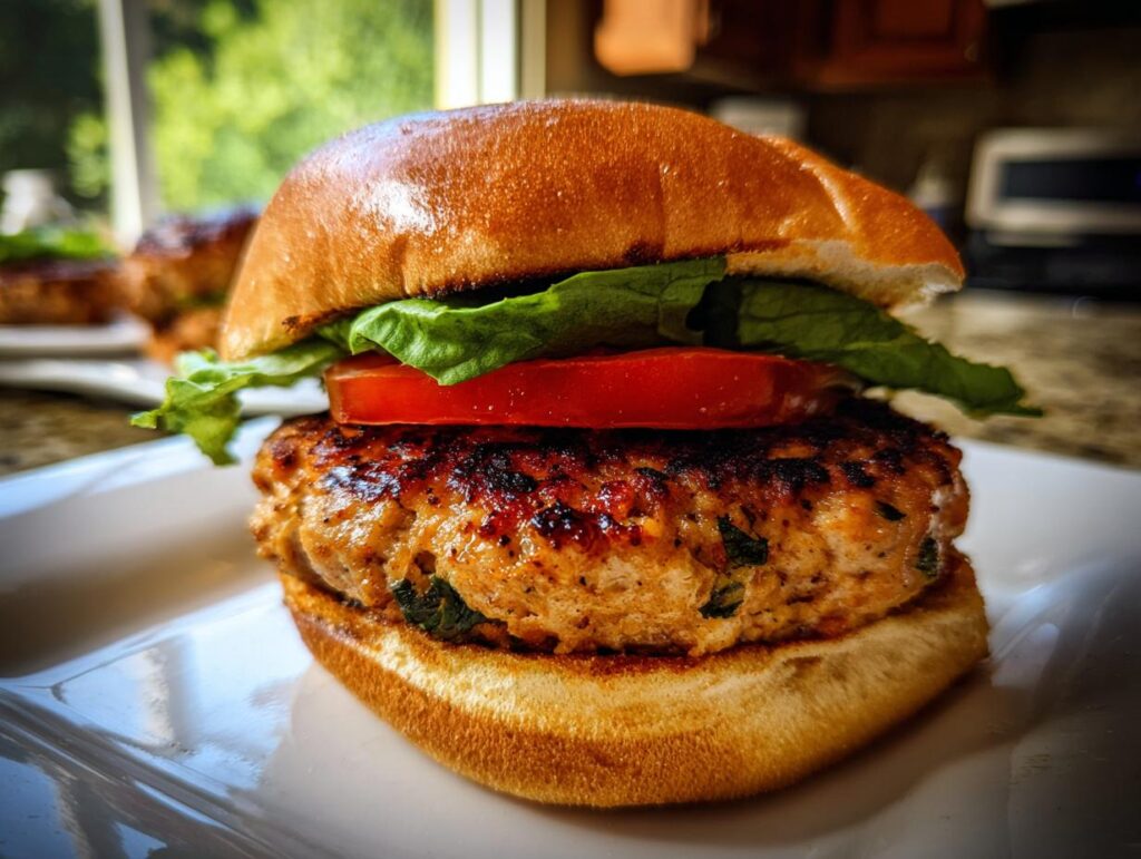 A close-up of a perfectly grilled, juicy turkey burger on a bun with fresh lettuce and tomato.