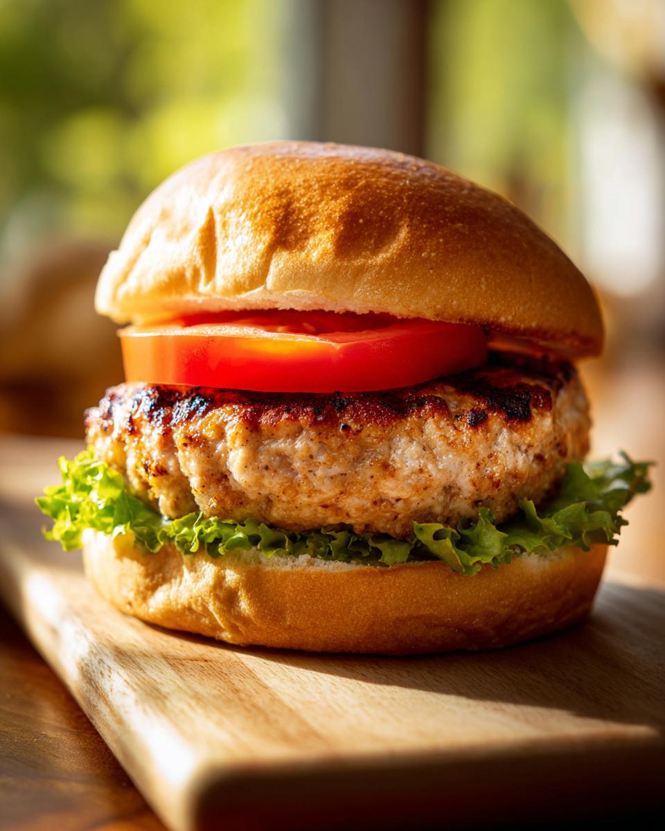 A close-up of a juicy turkey burger with lettuce and tomato on a bun, ready for grilling.