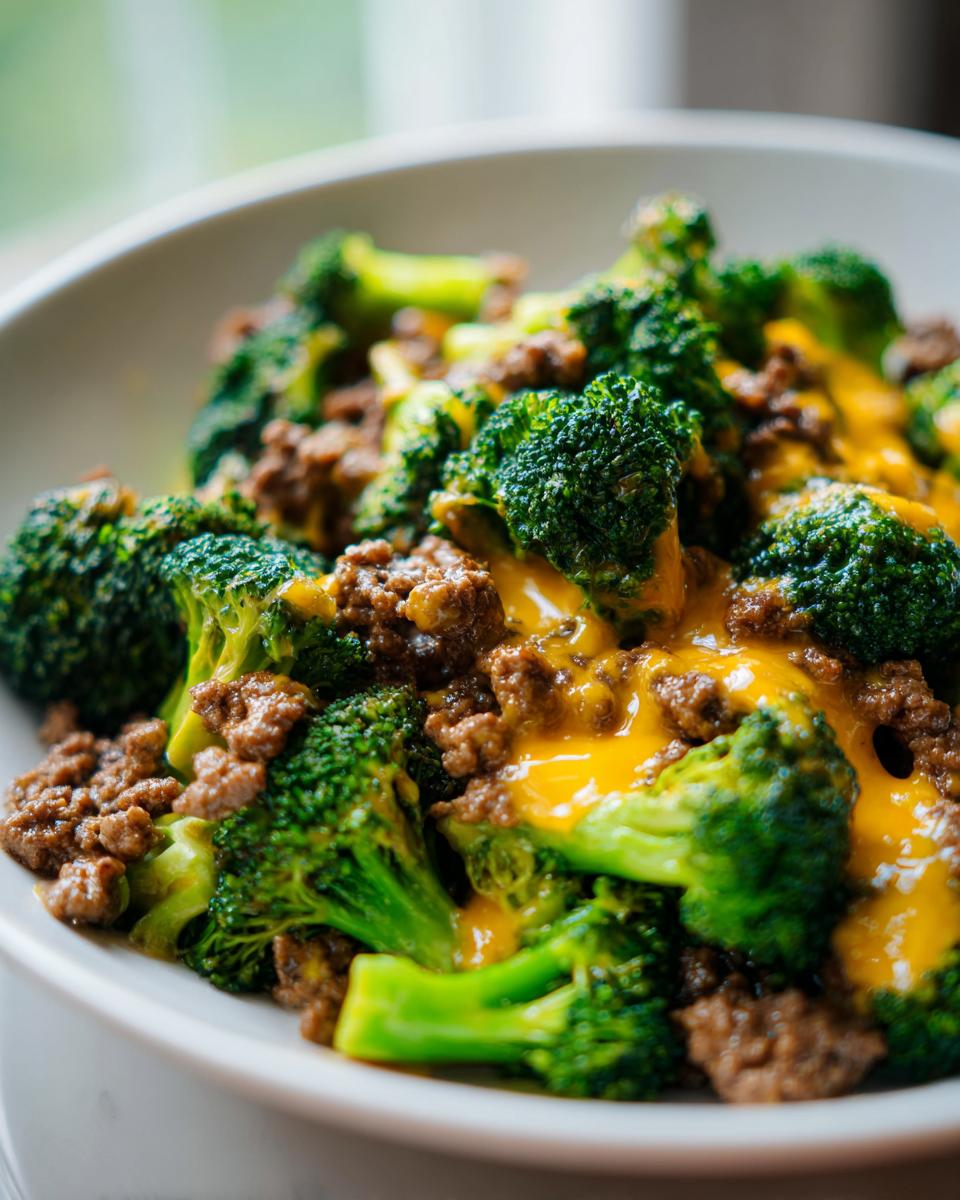 A close-up of a Keto Hamburger Broccoli Skillet, featuring tender broccoli florets mixed with seasoned ground beef and melted cheddar cheese.