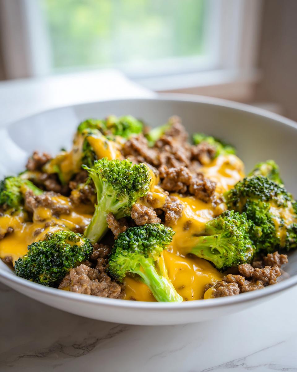 A close-up of a Keto Hamburger Broccoli Skillet dish, featuring ground beef, broccoli florets, and melted cheddar cheese in a white bowl.