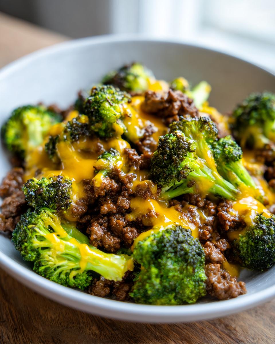 A close-up of a Keto Hamburger Broccoli Skillet dish, featuring seasoned ground beef and tender broccoli florets topped with melted cheddar cheese.