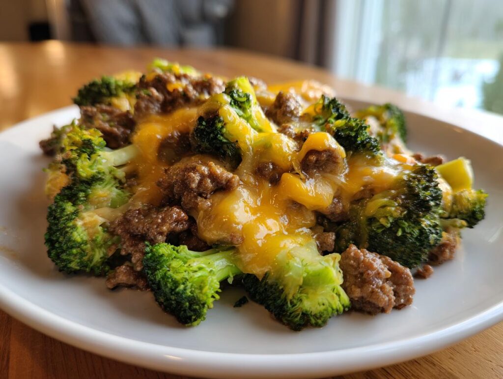 Close-up of Keto Hamburger Broccoli Skillet on a white plate, featuring ground beef, broccoli florets, and melted cheddar cheese.