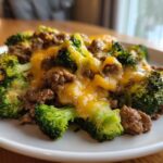 Close-up of Keto Hamburger Broccoli Skillet on a white plate, featuring ground beef, broccoli florets, and melted cheddar cheese.