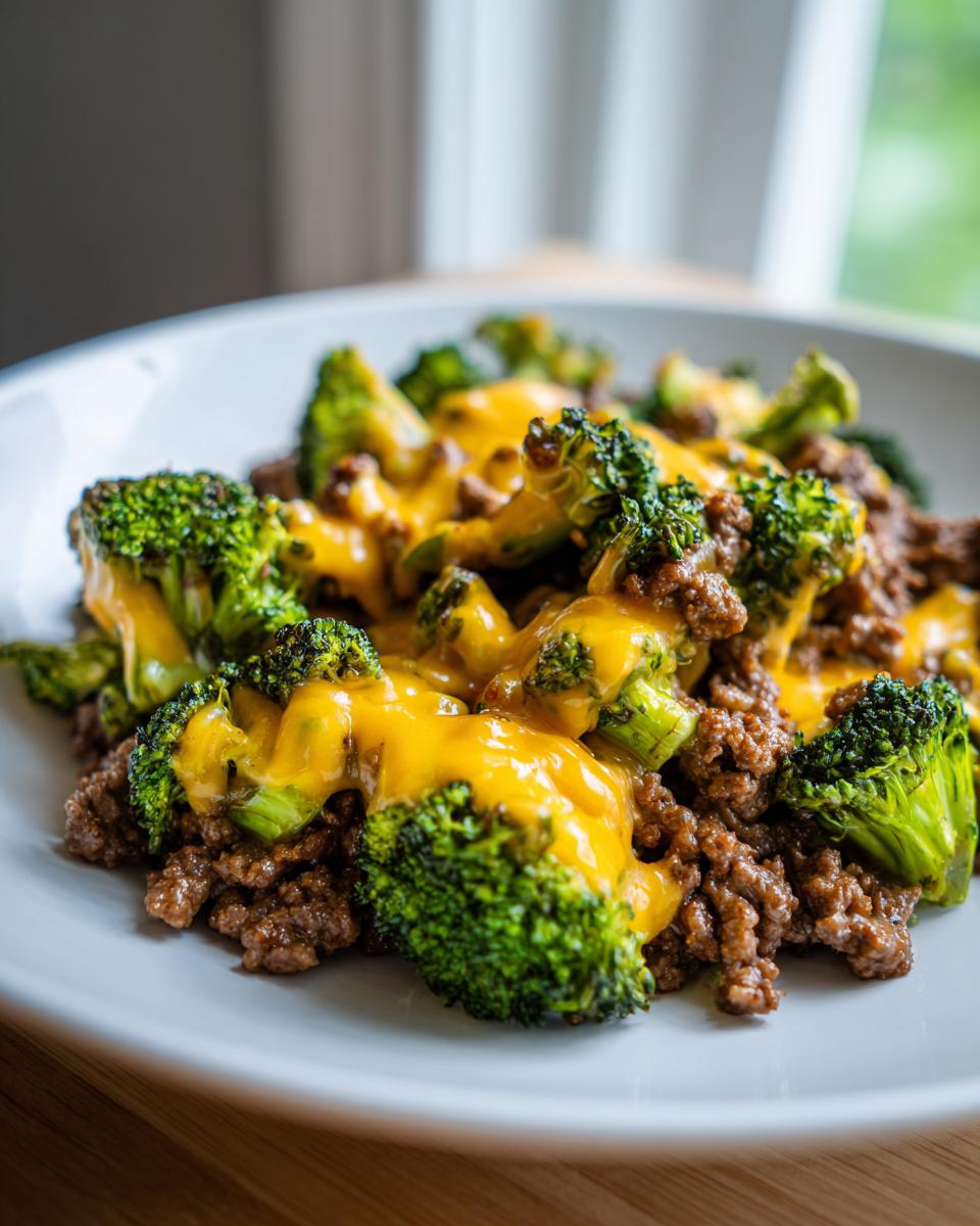 Close-up of Keto Hamburger Broccoli Skillet featuring seasoned ground beef topped with melted cheddar cheese and fresh broccoli florets.