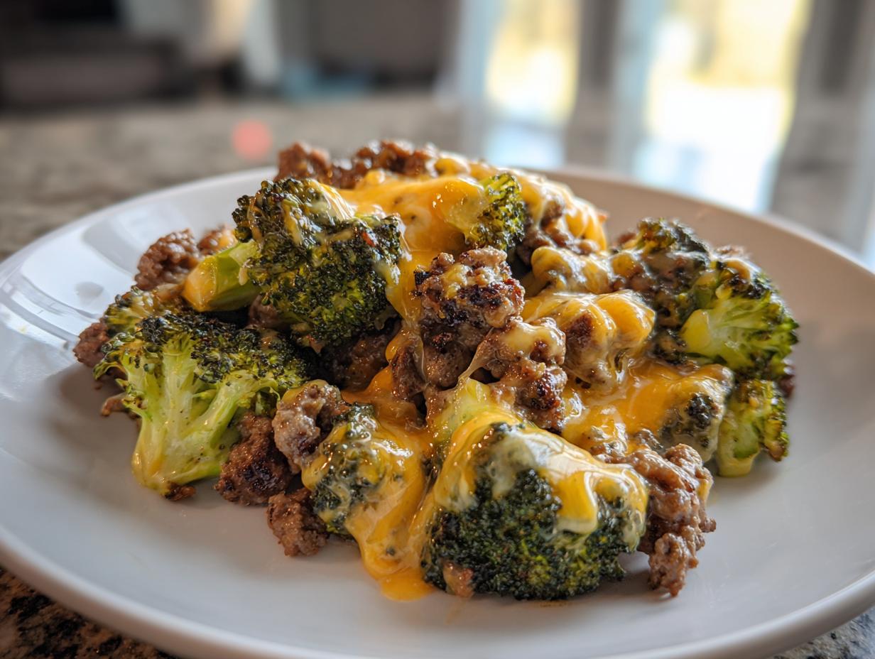 A close-up of a serving of Keto Hamburger Broccoli Skillet, featuring ground beef and broccoli covered in melted cheddar cheese.