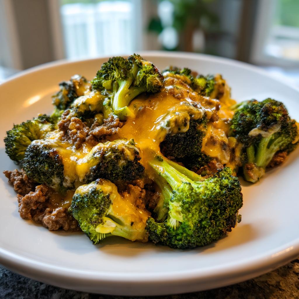 A close-up of a Keto Hamburger Broccoli Skillet dish, featuring tender broccoli florets mixed with seasoned ground beef and topped with melted cheddar cheese.