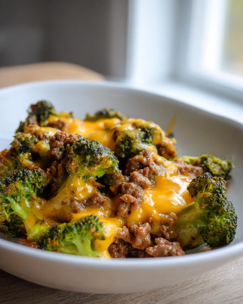 Close-up of a Keto Hamburger Broccoli Skillet with browned ground beef and melted cheddar cheese over broccoli florets.