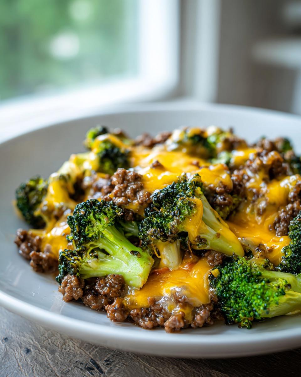 Close-up of a Keto Hamburger Broccoli Skillet dish, featuring seasoned ground beef and tender broccoli florets topped with melted cheddar cheese.