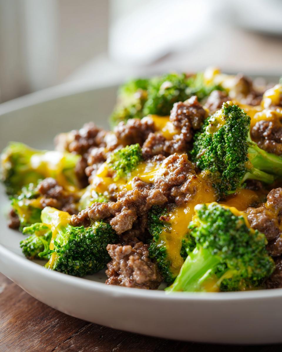 Close-up of a Keto Hamburger Broccoli Skillet dish, featuring seasoned ground beef and bright green broccoli florets topped with melted cheddar cheese.