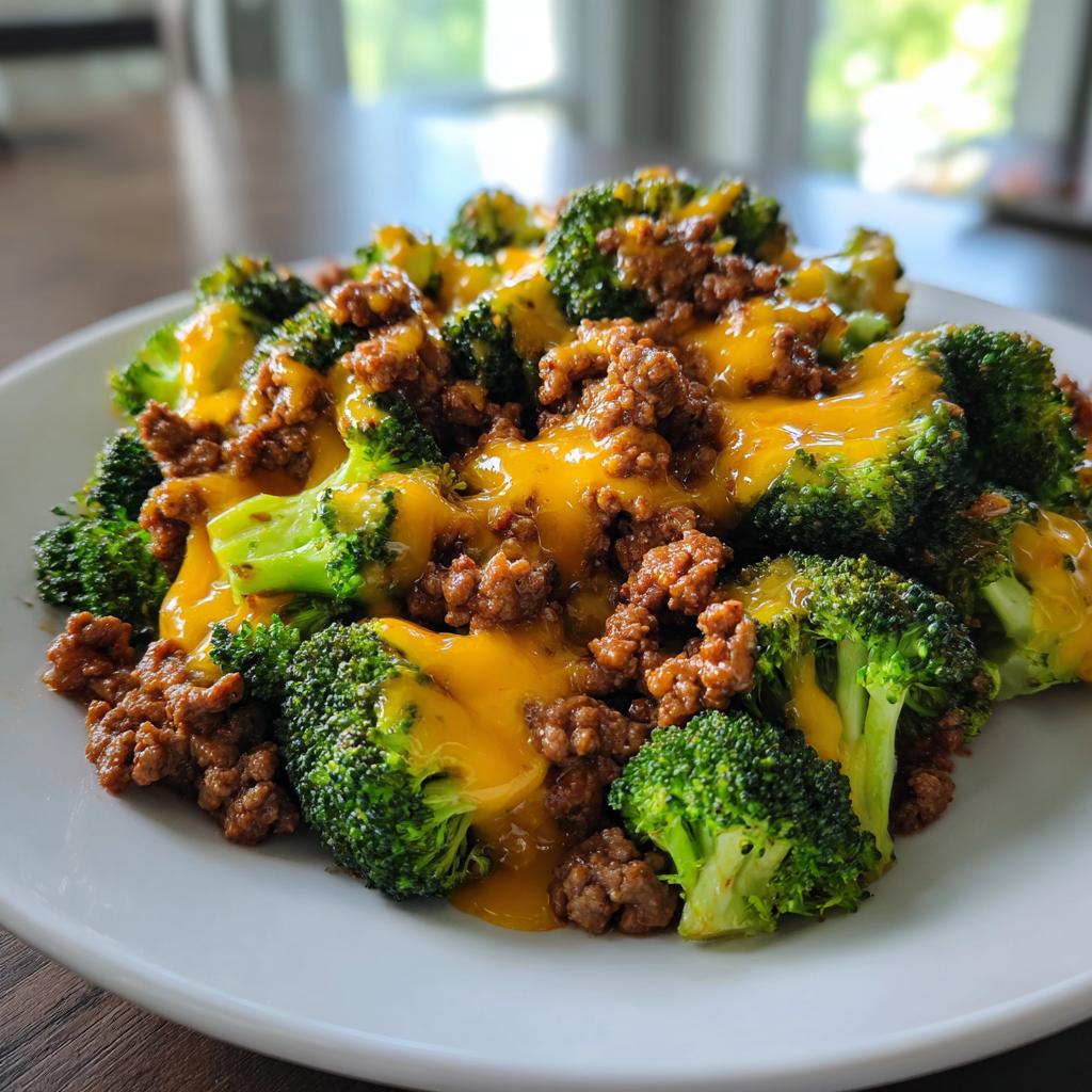 A close-up of a Keto Hamburger Broccoli Skillet dish, featuring tender broccoli florets topped with seasoned ground beef and melted cheddar cheese.