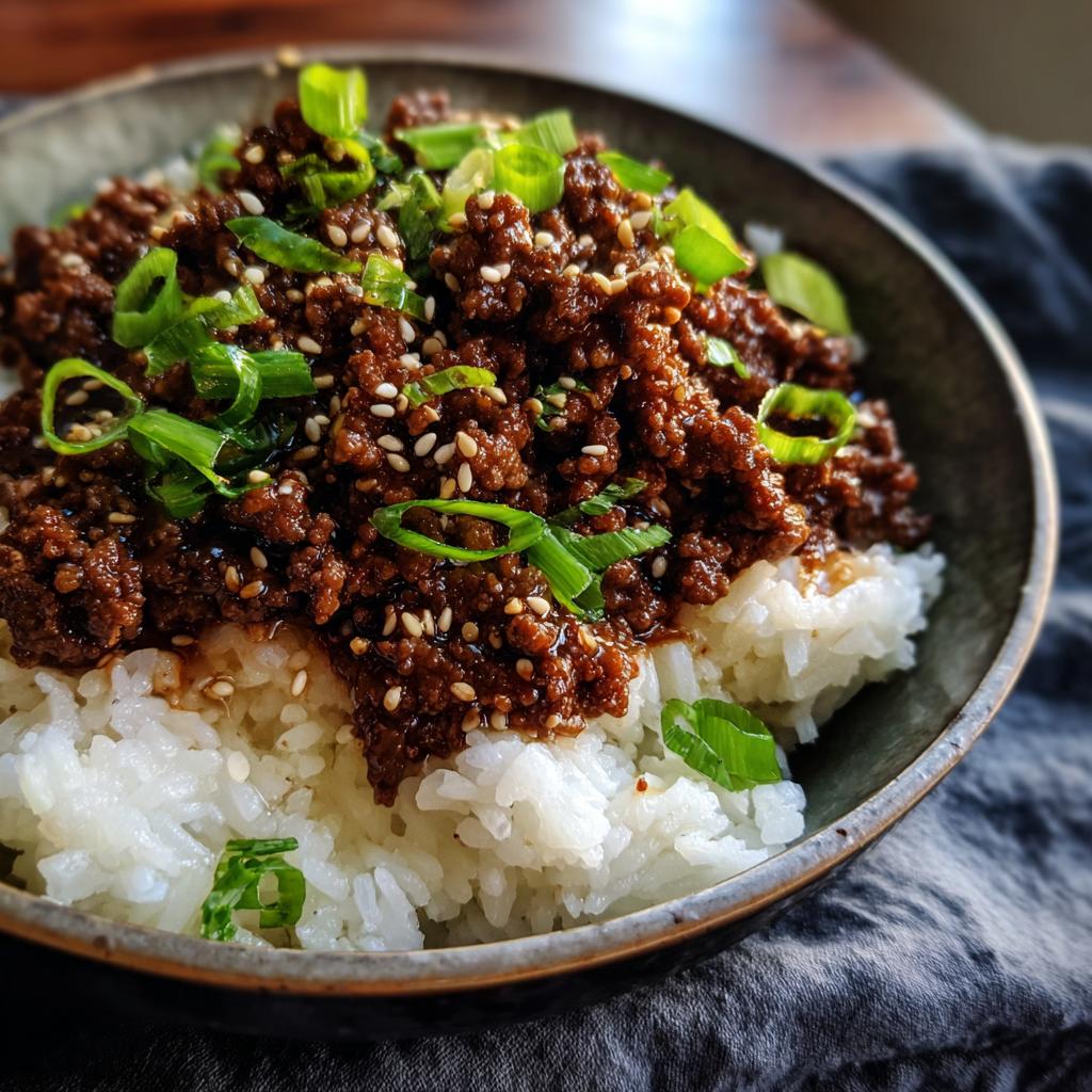 Close-up of a Korean beef rice bowl featuring seasoned ground beef over white rice, garnished with sesame seeds and green onions.