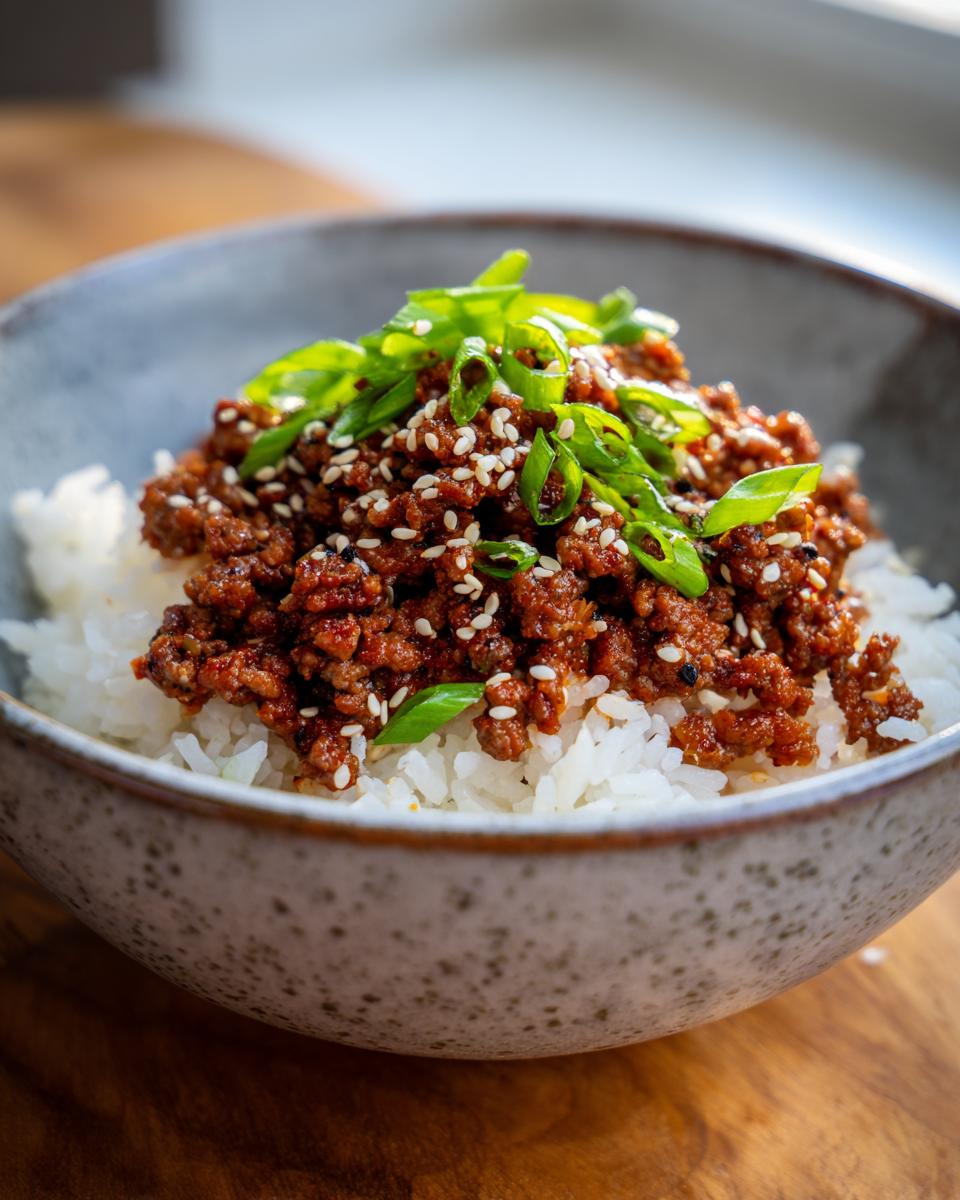 A close-up of a Korean beef rice bowl with seasoned ground beef, white rice, green onions, and sesame seeds.