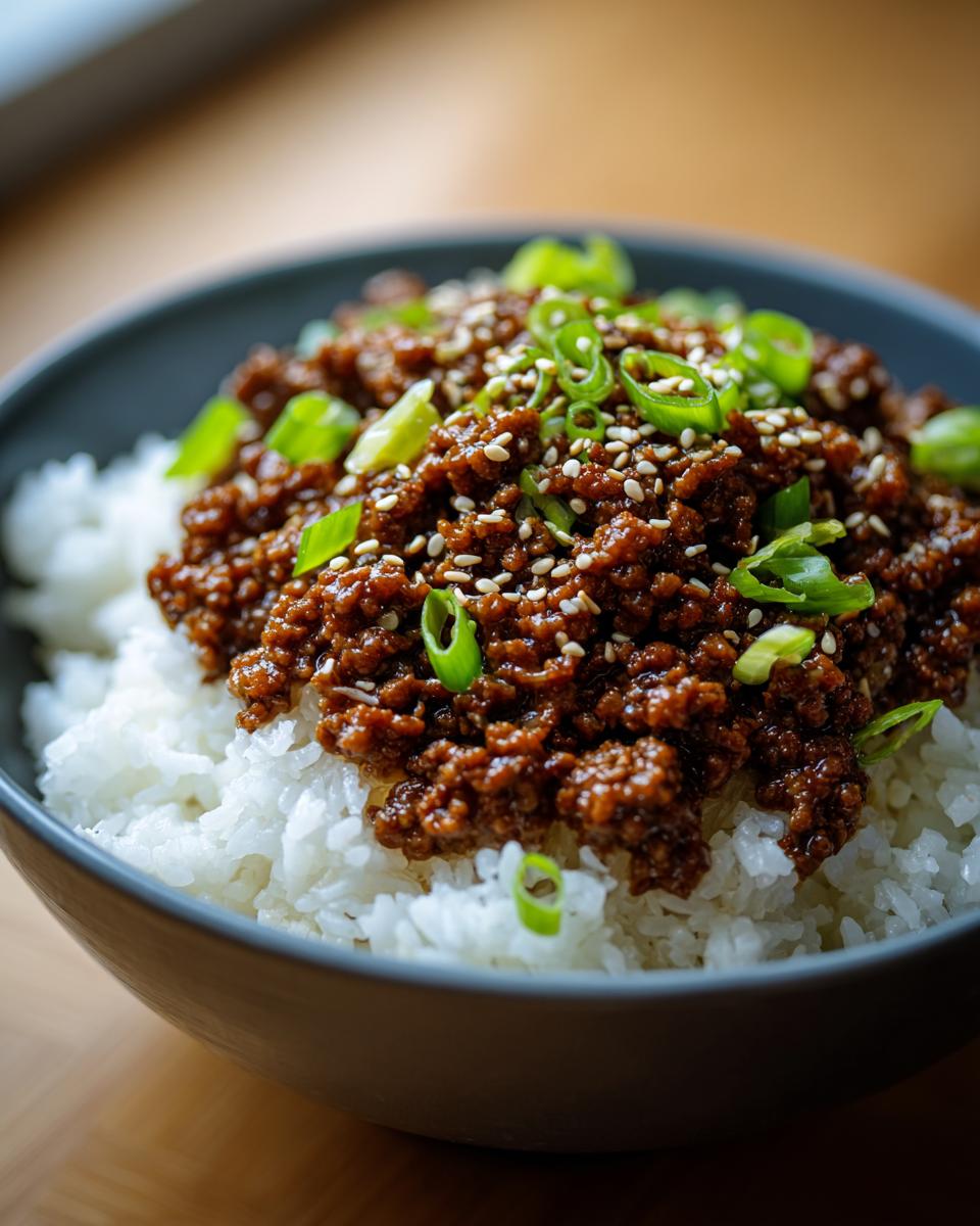 Close-up of a Korean Beef Rice Bowl with seasoned ground beef, white rice, sesame seeds, and green onions.
