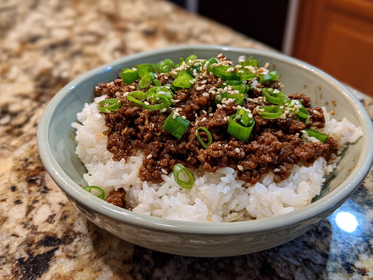 A close-up of a Korean beef rice bowl, featuring seasoned ground beef over white rice, topped with green onions and sesame seeds.