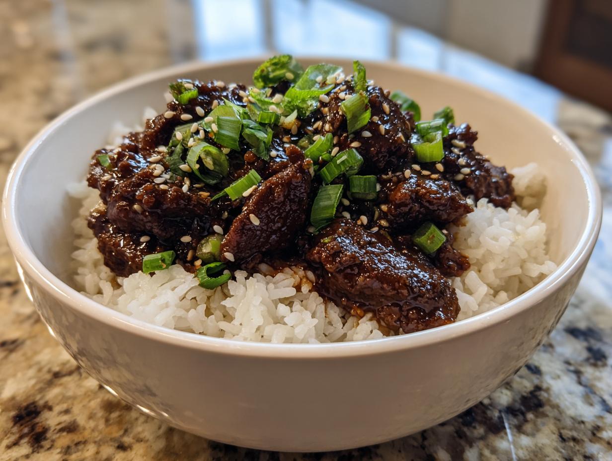 A close-up of a Korean Ground Beef Bowl, featuring tender beef in a savory sauce over fluffy white rice, garnished with green onions and sesame seeds.