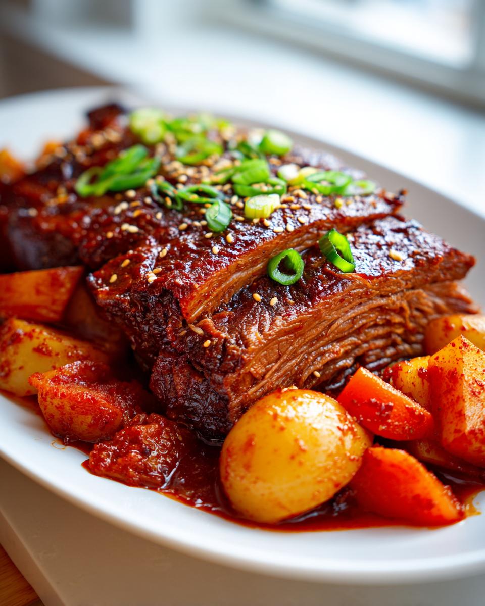 Close-up of a succulent Korean Style Pot Roast, sliced and served with tender potatoes in a rich, glossy sauce, garnished with green onions and sesame seeds.