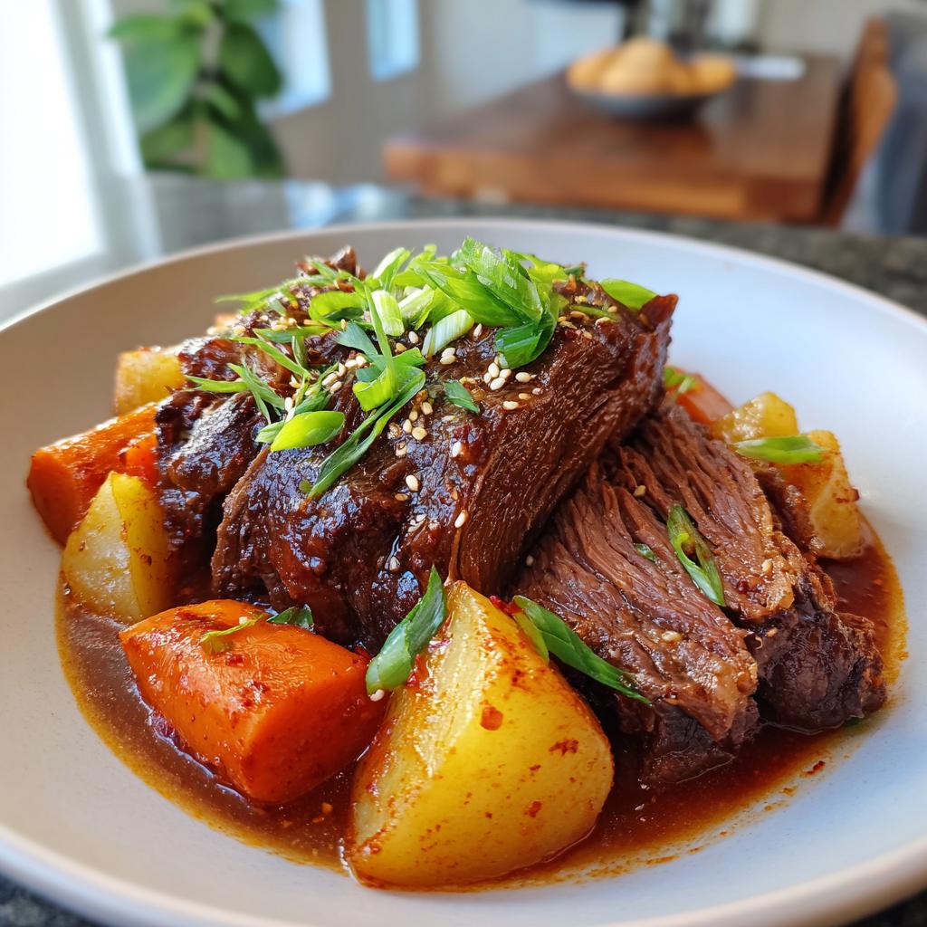 A close-up of a Korean Style Pot Roast, featuring tender beef, potatoes, and carrots in a rich sauce, garnished with green onions and sesame seeds.