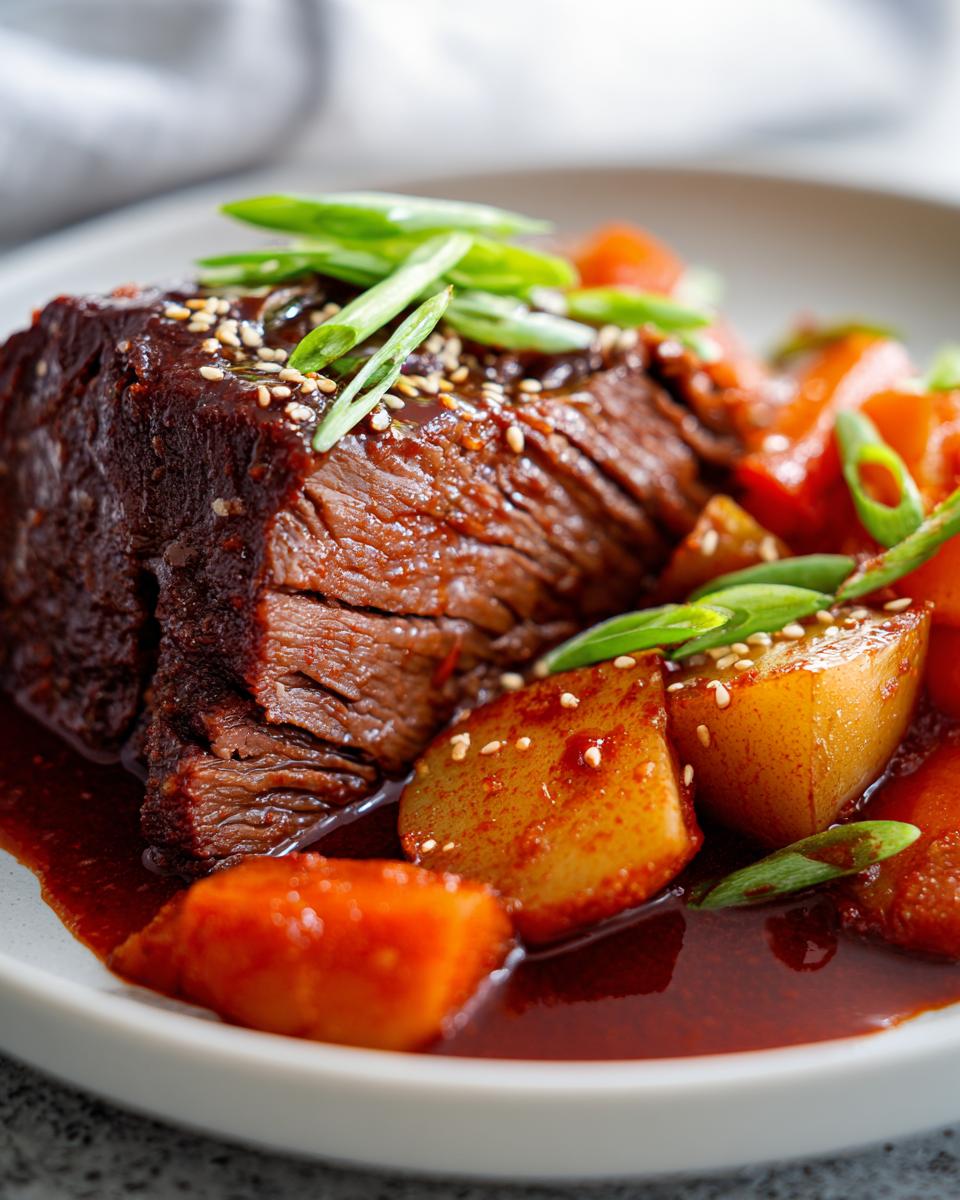 A close-up of a succulent Korean Style Pot Roast, braised in a rich sauce with tender potatoes and carrots, garnished with sesame seeds and green onions.