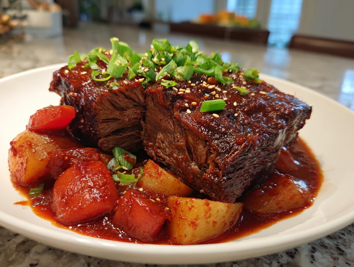 Close-up of a succulent Korean Style Pot Roast served with tender potatoes and carrots in a rich sauce, garnished with green onions and sesame seeds.