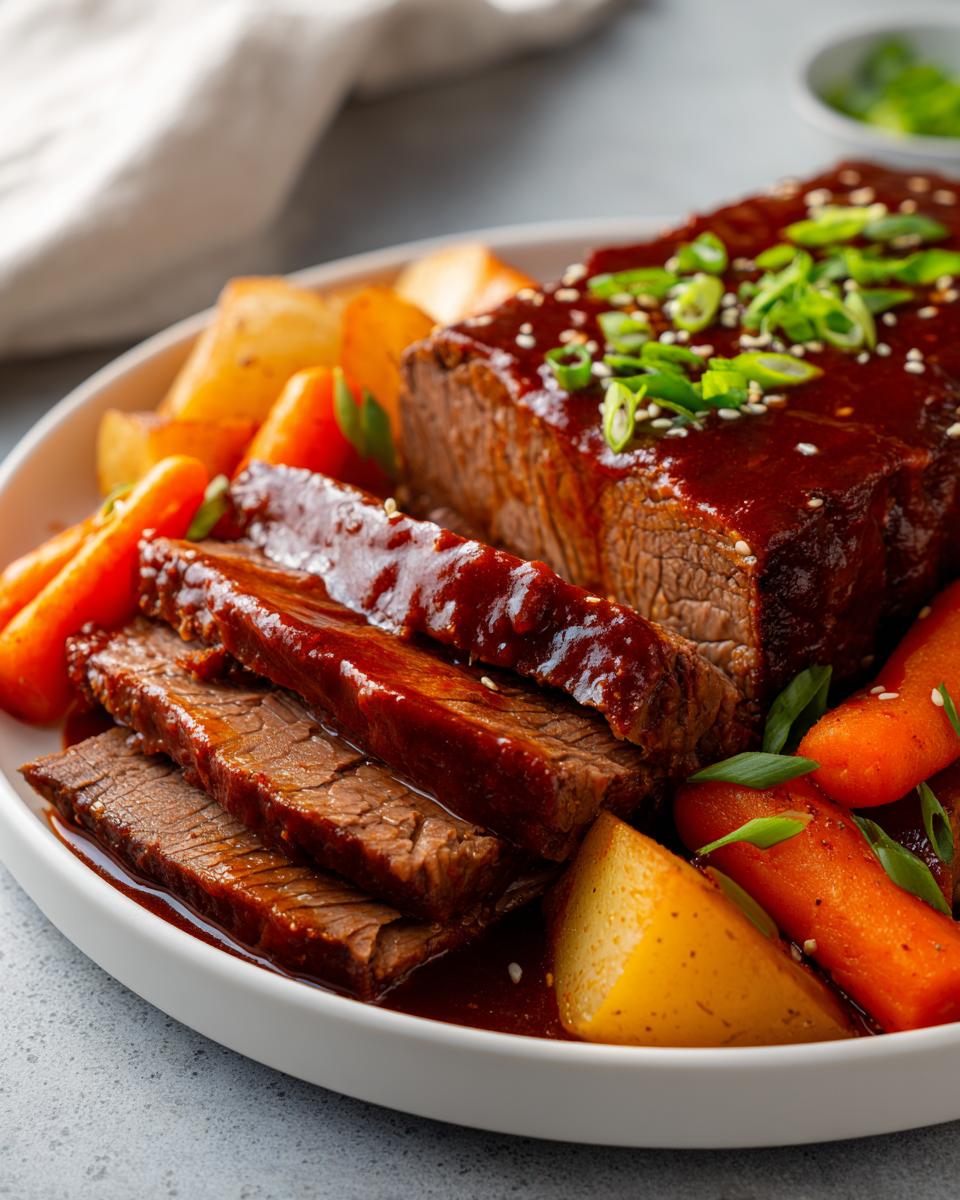 A close-up of a sliced Korean Style Pot Roast, glazed with a rich sauce and topped with sesame seeds and green onions, served with carrots and potatoes.