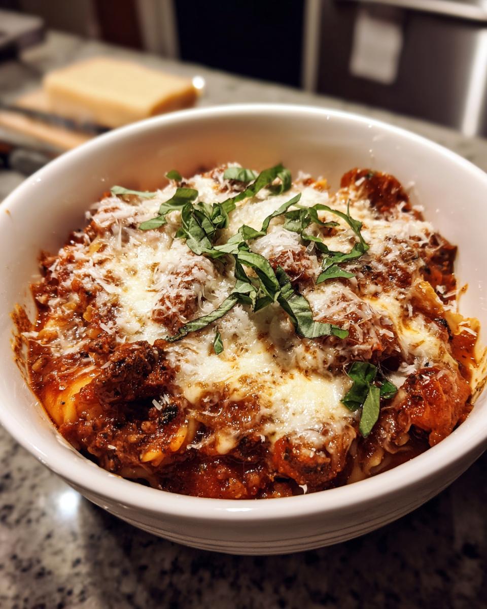 A bowl of hearty lasagna soup topped with melted cheese and fresh basil.