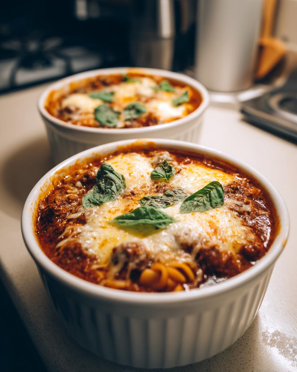 Two individual servings of Lasagna Soup with melty cheese on top, garnished with fresh basil leaves.