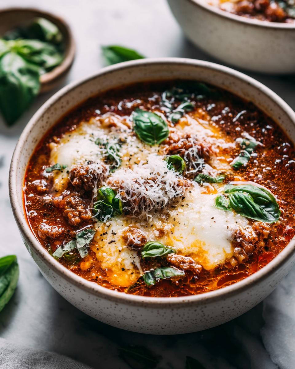 A close-up of a bowl of lasagna soup topped with melty cheese, fresh basil, and grated parmesan.