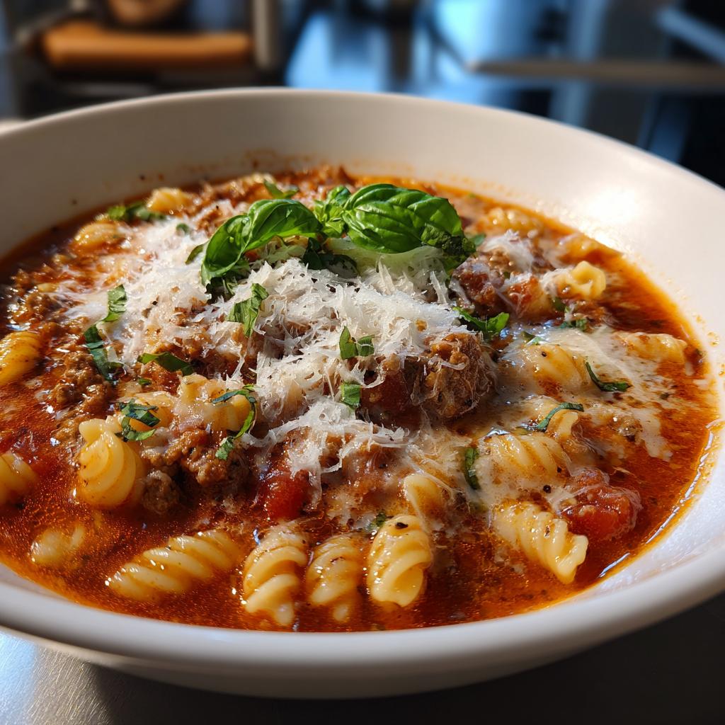 A bowl of hearty lasagna soup with pasta, ground meat, tomato sauce, and topped with melty cheese and fresh basil.