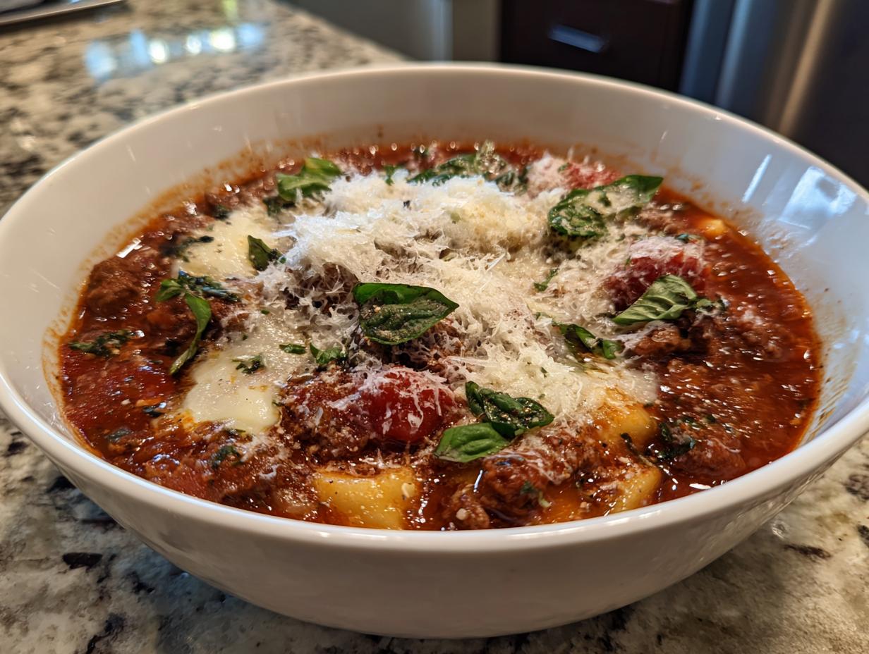 A close-up of hearty Lasagna Soup with melty cheese, fresh basil, and gnocchi in a white bowl.