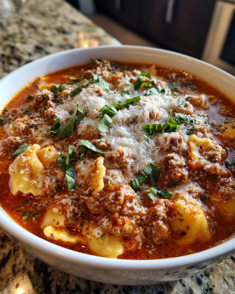 Close-up of a bowl of lasagna soup with ravioli, rich tomato sauce, ground meat, and topped with melty cheese and fresh basil.